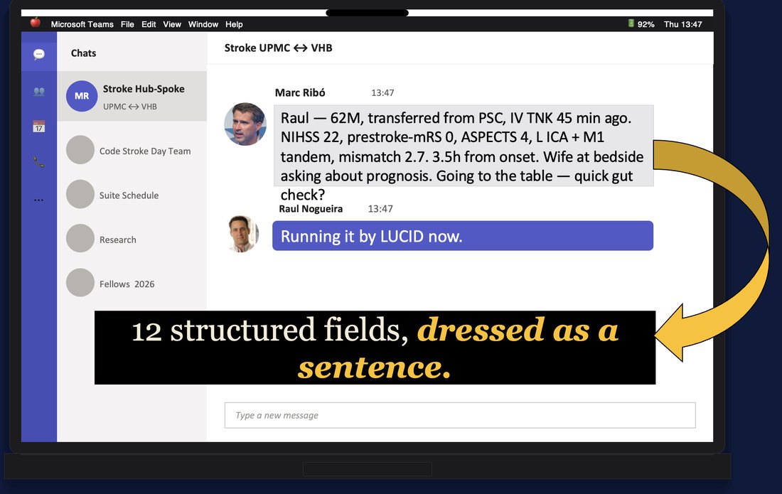 Microsoft Teams: a dense transfer handoff message with twelve clinical fields packed into a single sentence, and the reply 'Running it by LUCID now.'